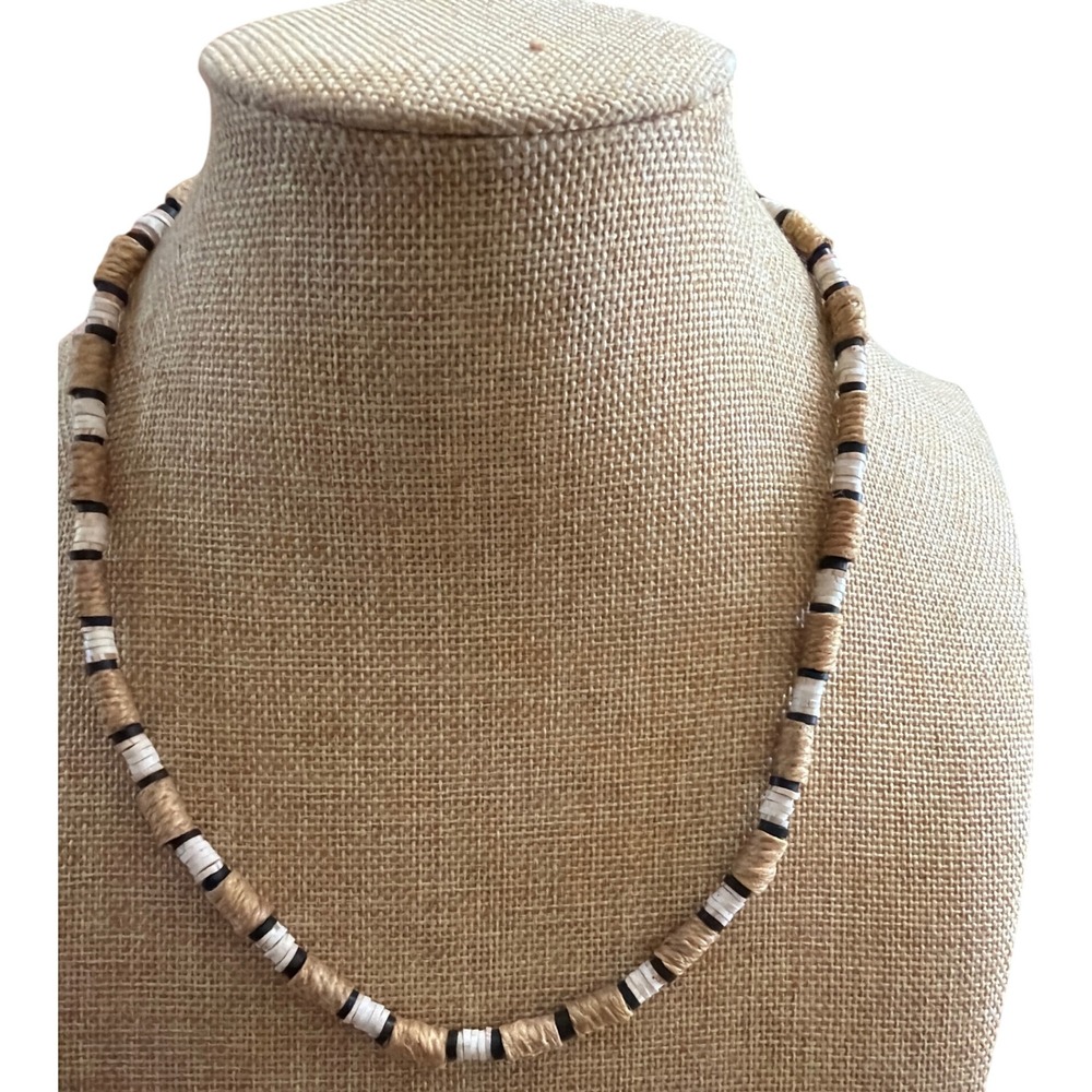 Natural Twine and Black White Heishi Bead Choker Necklace Adjustable Esrthy